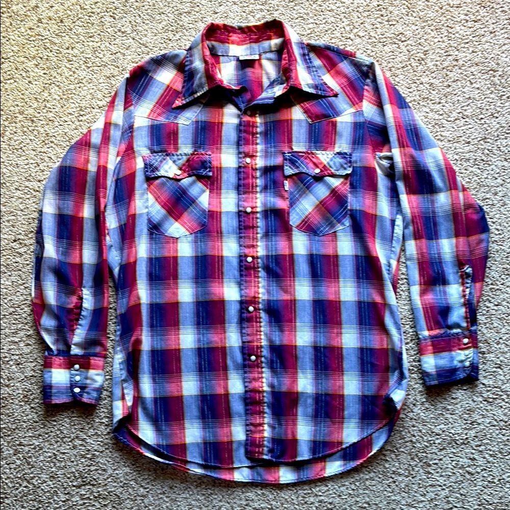VTG 70’s Levi’s Red White Blue Gold Plaid Pearl Snap Western Shirt L